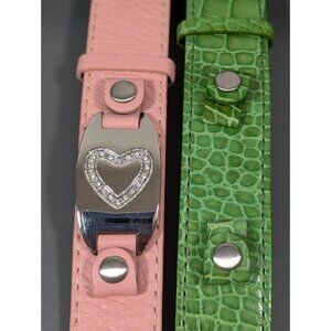 Fossil Leather Set of 2 Y2K Pink Green Heart Charm Cuff Bracelet Buckle 7 inches